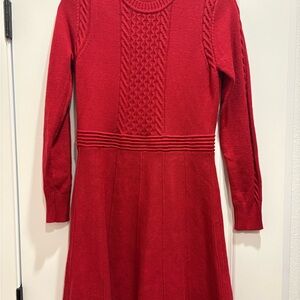 SHEIN Red Long Sleeve Cable Knit Fit-and-Flare Dress